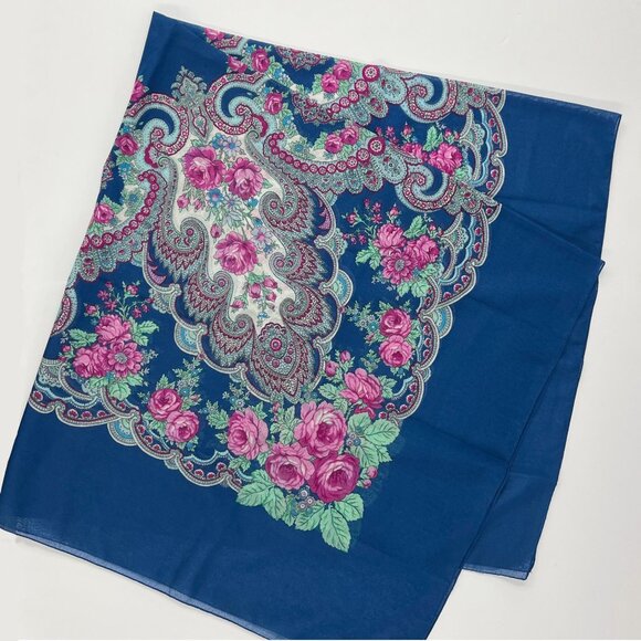 Vintage Italian Scarf | Blue Roses and Paisley Shawl | Made in Italy - Picture 1 of 7